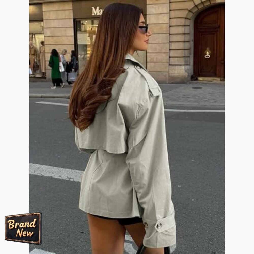 Cropped Trench Coat Women's Double Breasted Belted Jacket Cotton Mid-Length - Picture 2 of 7